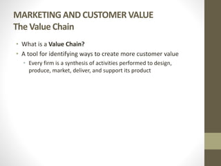 MARKETING AND CUSTOMER VALUE
The Value Chain
• What is a Value Chain?
• A tool for identifying ways to create more customer value
• Every firm is a synthesis of activities performed to design,
produce, market, deliver, and support its product
 