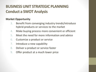 BUSINESS UNIT STRATEGIC PLANNING
Conduct a SWOT Analysis
Market Opportunity
3. Benefit from converging industry trends/introduce
hybrid products or services to the market
4. Make buying process more convenient or efficient
5. Meet the need for more information and advice
6. Customize a product or service
7. Introduce a new capability
8. Deliver a product or service faster
9. Offer product at a much lower price
 