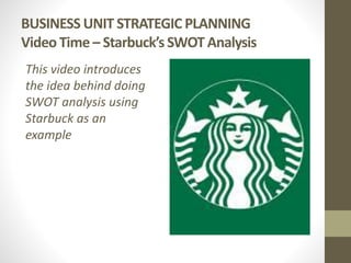 BUSINESS UNIT STRATEGIC PLANNING
Video Time – Starbuck’s SWOT Analysis
This video introduces
the idea behind doing
SWOT analysis using
Starbuck as an
example
 