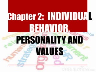 Chapter 2: INDIVIDUAL
BEHAVIOR,
PERSONALITY AND
VALUES
 