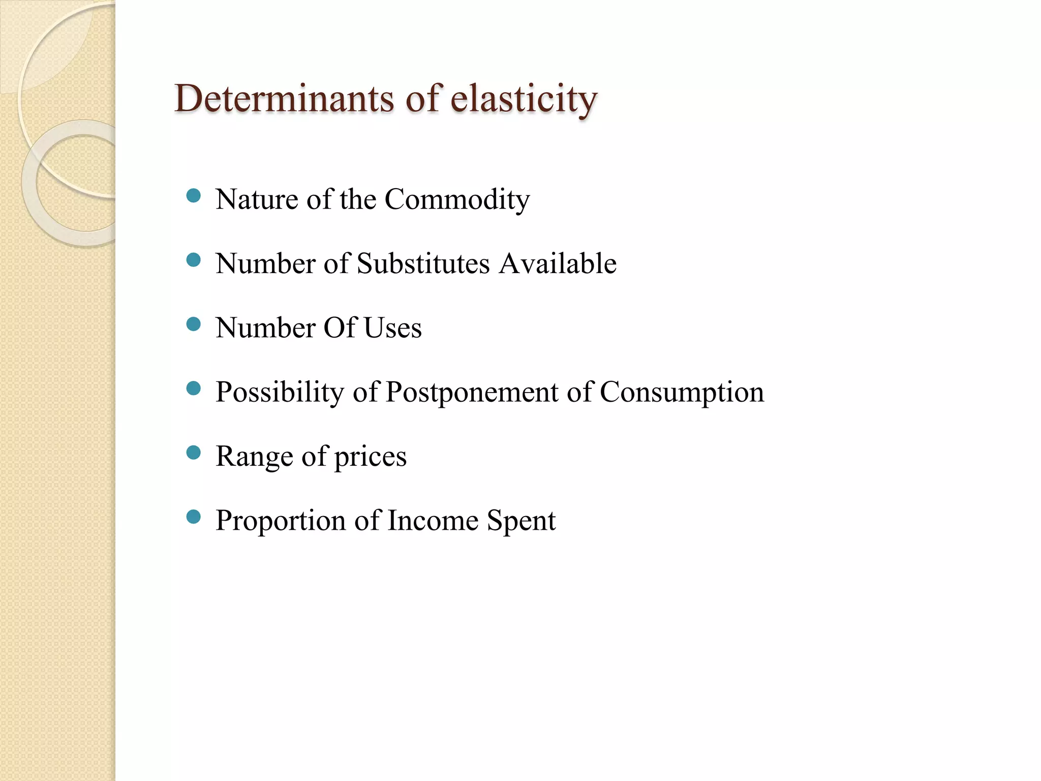 Determinants of elasticity 
 Nature of the Commodity 
 Number of Substitutes Available 
 Number Of Uses 
 Possibility of Postponement of Consumption 
 Range of prices 
 Proportion of Income Spent 
 