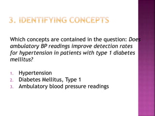 Which concepts are contained in the question: Does
ambulatory BP readings improve detection rates
for hypertension in patients with type 1 diabetes
mellitus?
1. Hypertension
2. Diabetes Mellitus, Type 1
3. Ambulatory blood pressure readings
 