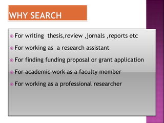  For writing thesis,review ,jornals ,reports etc
 For working as a research assistant
 For finding funding proposal or grant application
 For academic work as a faculty member
 For working as a professional researcher
 