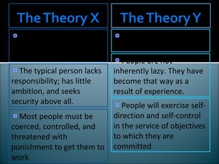 The typical person dislikes work and will avoid it if possible. The typical person lacks responsibility; has little ambition, and seeks security above all. Most people must be coerced, controlled, and threatened with punishment to get them to work Work is as natural, as play or rest. People are not inherently lazy. They have become that way as a result of experience. People will exercise self-direction and self-control in the service of objectives to which they are committed