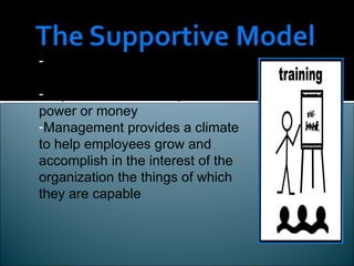 Had its origin in the “principle of supportive relationships” Depends on leadership instead of power or money Management provides a climate to help employees grow and accomplish in the interest of the organization the things of which they are capable
