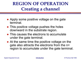 Digital Integrated Circuits © Prentice Hall 1995Introduction
REGION OF OPERATION
Creating a channel
 Apply some positive voltage on the gate
terminal.
 This positive voltage pushes the holes
downward in the substrate region.
 This causes the electrons to accumulate
under the gate terminal.
 At the same time the positive voltage on the
gate also attracts the electrons from the n+
region to accumulate under the gate terminal.
 