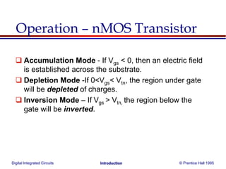 Digital Integrated Circuits © Prentice Hall 1995Introduction
Operation – nMOS Transistor
 Accumulation Mode - If Vgs < 0, then an electric field
is established across the substrate.
 Depletion Mode -If 0<Vgs< Vtn, the region under gate
will be depleted of charges.
 Inversion Mode – If Vgs > Vtn, the region below the
gate will be inverted.
 
