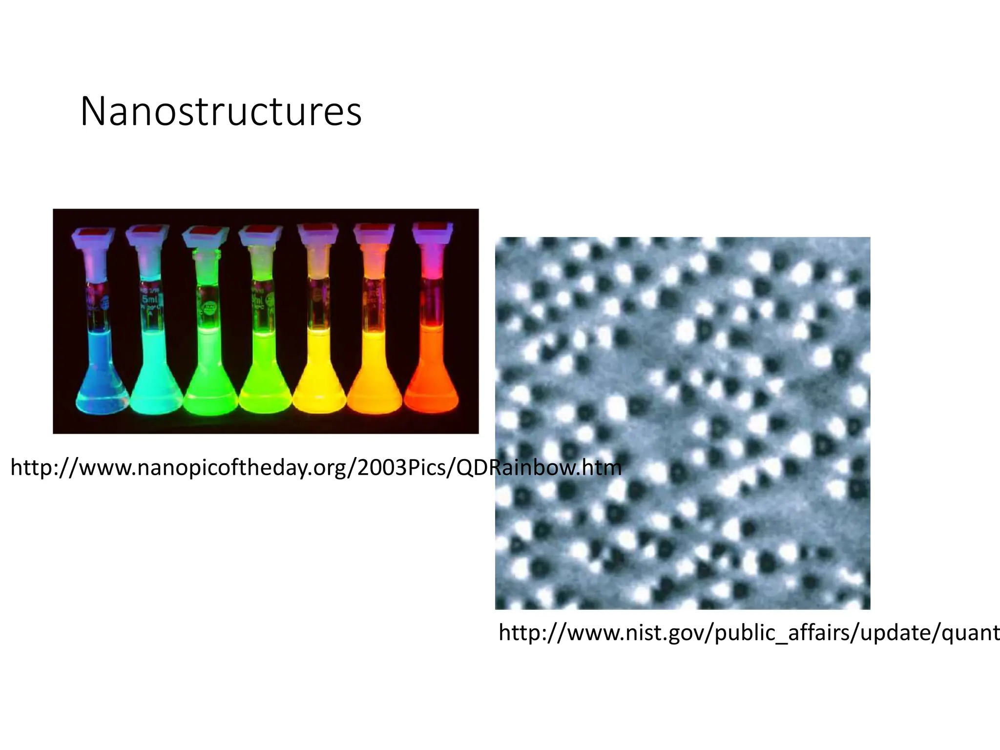 Nanostructures
• Quantum dots
http://www.nist.gov/public_affairs/update/quant
http://www.nanopicoftheday.org/2003Pics/QDRainbow.htm
 
