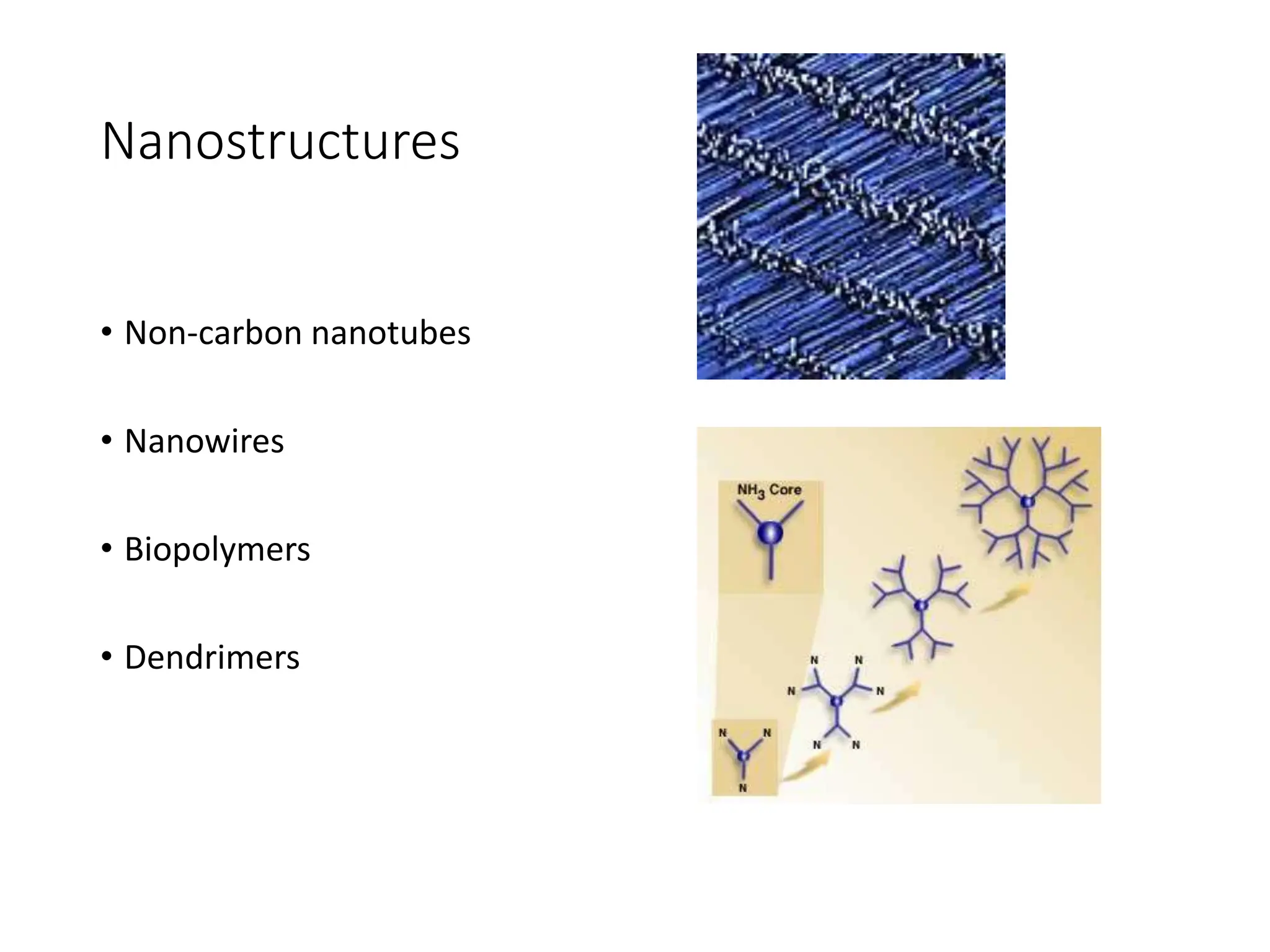 Nanostructures
• Non-carbon nanotubes
• Nanowires
• Biopolymers
• Dendrimers
 