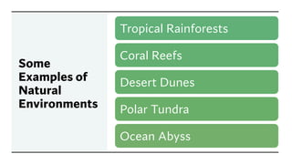 Some
Examples of
Natural
Environments
Tropical Rainforests
Coral Reefs
Desert Dunes
Polar Tundra
Ocean Abyss
 