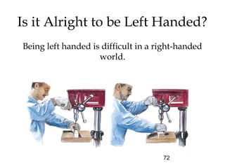 72
Is it Alright to be Left Handed?
Being left handed is difficult in a right-handed
world.
 