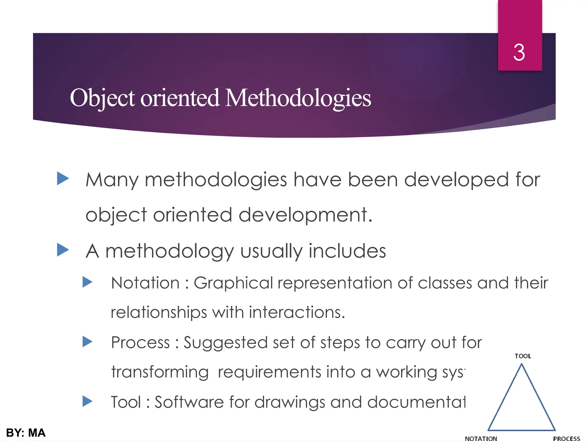 Object oriented Methodologies
 Many methodologies have been developed for
object oriented development.
 A methodology usually includes
 Notation : Graphical representation of classes and their
relationships with interactions.
 Process : Suggested set of steps to carry out for
transforming requirements into a working system.
 Tool : Software for drawings and documentation
03/20/2025
BY: MA
3
 