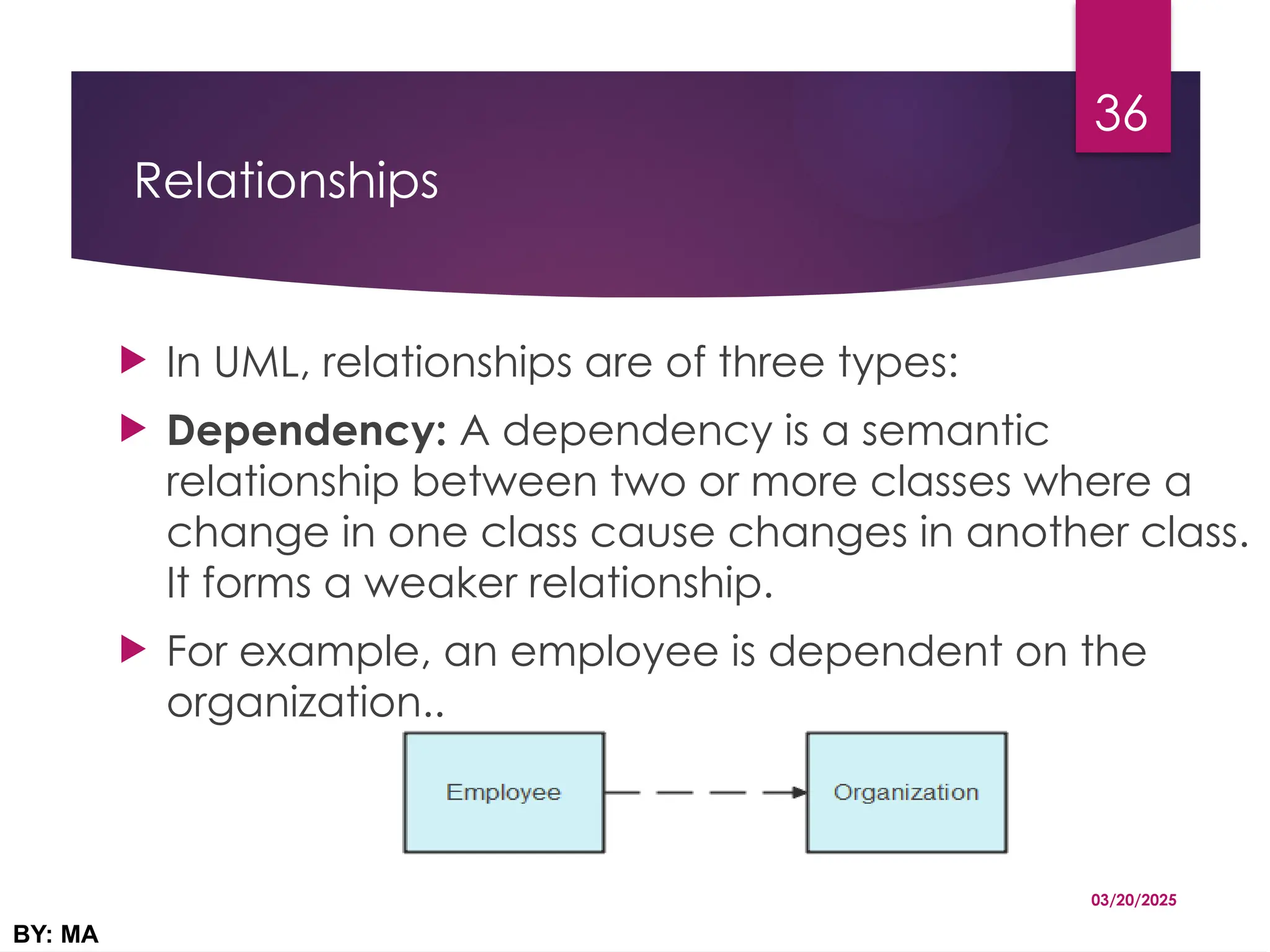 Relationships
 In UML, relationships are of three types:
 Dependency: A dependency is a semantic
relationship between two or more classes where a
change in one class cause changes in another class.
It forms a weaker relationship.
 For example, an employee is dependent on the
organization..
03/20/2025
BY: MA
36
 