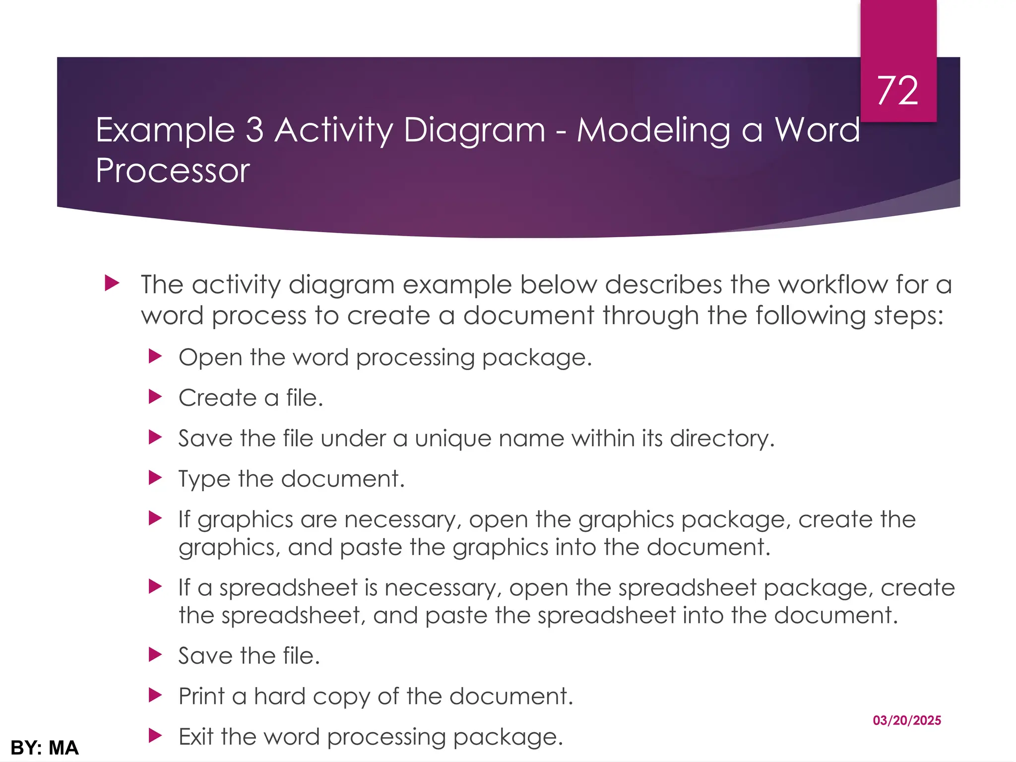 Example 3 Activity Diagram - Modeling a Word
Processor
 The activity diagram example below describes the workflow for a
word process to create a document through the following steps:
 Open the word processing package.
 Create a file.
 Save the file under a unique name within its directory.
 Type the document.
 If graphics are necessary, open the graphics package, create the
graphics, and paste the graphics into the document.
 If a spreadsheet is necessary, open the spreadsheet package, create
the spreadsheet, and paste the spreadsheet into the document.
 Save the file.
 Print a hard copy of the document.
 Exit the word processing package.
03/20/2025
BY: MA
72
 