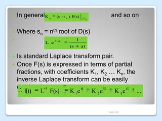 

In general,
K



Where sn = nth root of D(s)



n

L e

(s - s n ). F(s)

at

s

and so on

sn

1
(s  a)

Is standard Laplace transform pair.
 Once F(s) is expressed in terms of partial
fractions, with coefficients K1, K2 … Kn, the
inverse Laplace transform can be easily
obtained -1
at
bt
ct


f(t)

L F(s)

K 1e

K 2e

K 3e

MAR JKE

...

 