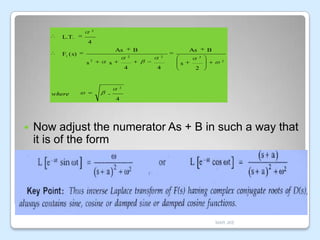 2

L.T.
4
As

F1 ( s)

B
2

s

2

As
2

s
4

4

B
2
2

s
2

2

where

4



Now adjust the numerator As + B in such a way that
it is of the form

MAR JKE

 