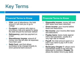 Key TermsCOA: cost of attendance; the total amount it will cost you to go to collegeCo-signer: a person who signs a promissory note and agrees to repay the debt should the borrower defaultDelinquency: past due payment on a loanDiscretionary income: amount of money one has left after all expenses have been paid Debit Card: card that allows purchases to be charged directly to one’s personal bank account Disposable income: money left over after taxes have been deductedGross income: your income before taxes and deductionsNet income: your income after taxes and deductionsPayday loans: loans made against one’s next paycheck, usually at a very high rate of interestPayoff: the total amount owed on a loan if you were to pay it off in one lump sumBankruptcy Chapter 7: allows one’s unprotected assets to be sold and disbursed to creditors; Chapter 13: allows the debtor time to pay debtsFinancial Terms to Know Financial Terms to Know 