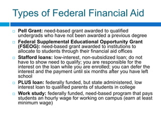 Types of Federal Financial Aid Pell Grant: need-based grant awarded to qualified undergrads who have not been awarded a previous degreeFederal Supplemental Educational Opportunity Grant (FSEOG): need-based grant awarded to institutions to allocate to students through their financial aid officesStafford loans: low-interest, non-subsidized loan; do not have to show need to qualify; you are responsible for the interest on the loan while you are enrolled; you can defer the interest and the payment until six months after you have left schoolPLUS loan: federally funded, but state administered, low interest loan to qualified parents of students in collegeWork study: federally funded, need-based program that pays students an hourly wage for working on campus (earn at least minimum wage)  