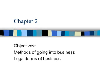 Chapter 2
Objectives:
Methods of going into business
Legal forms of business
 