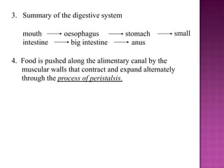 3. Summary of the digestive system

   mouth         oesophagus          stomach         small
   intestine       big intestine       anus

4. Food is pushed along the alimentary canal by the
   muscular walls that contract and expand alternately
   through the process of peristalsis.
 