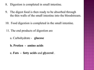8. Digestion is completed in small intestine.

9. The digest food is then ready to be absorbed through
   the thin walls of the small intestine into the bloodstream.

10. Food digestion is completed in the small intestine.

11. The end products of digestion are

   a. Carbohydrate - glucose

   b. Protien - amino acids

   c. Fats - fatty acids and glycerol .
 