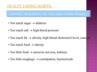 HEALTY EATING HABITS.

Unhealthy eating habits is the main cause of many diseases

• Too much sugar        diabetes

• Too much salt     high blood pressure

• Too much fat      obesity, high blood cholesterol level, cancers

• Too much food      obesity

• Too little food   anorexia nervosa, bulimia

• Too little roughage     constipation, haemorroids
 