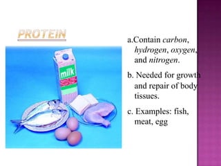 a.Contain carbon,
  hydrogen, oxygen,
  and nitrogen.
b. Needed for growth
  and repair of body
  tissues.
c. Examples: fish,
   meat, egg
 