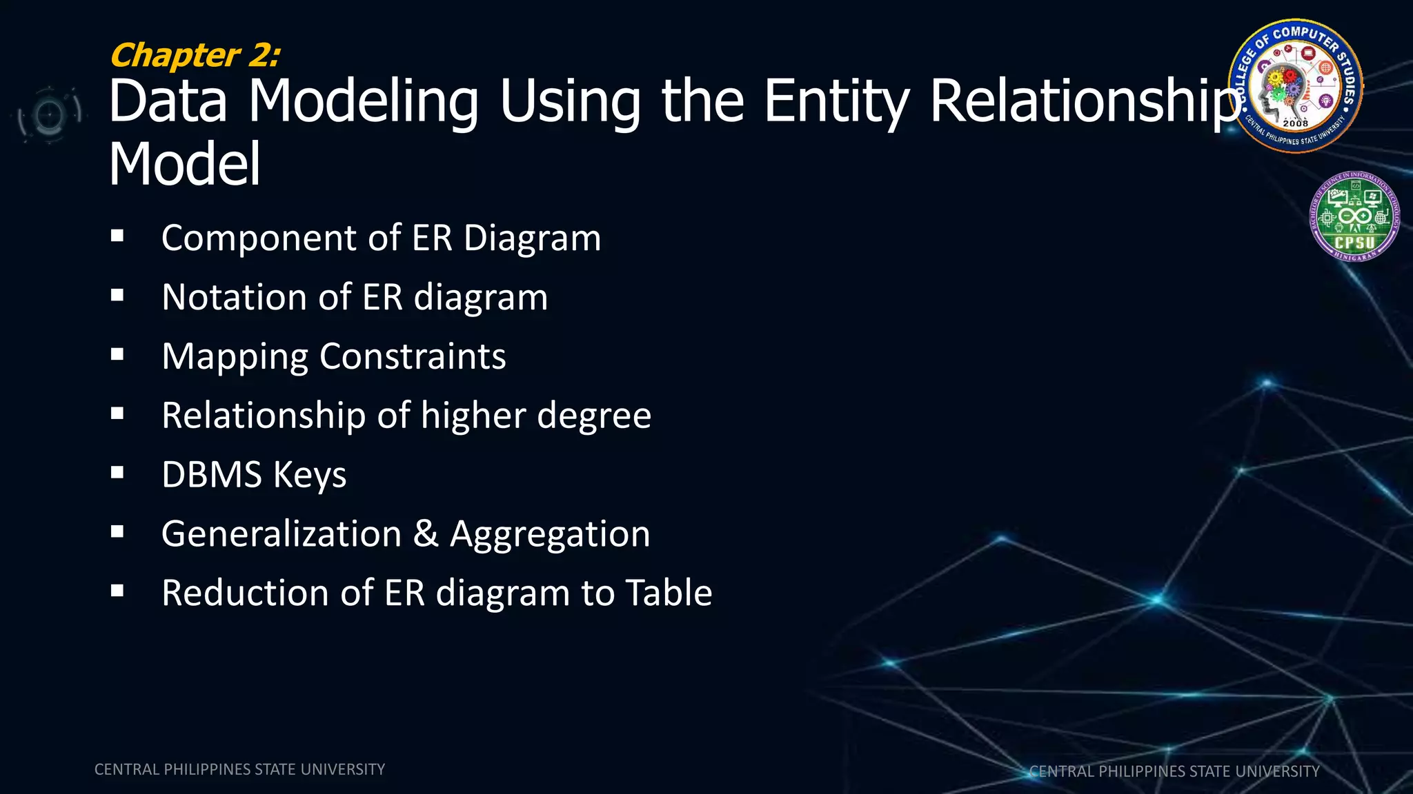 CENTRAL PHILIPPINES STATE UNIVERSITY CENTRAL PHILIPPINES STATE UNIVERSITY
Chapter 2:
Data Modeling Using the Entity Relationship
Model
 Component of ER Diagram
 Notation of ER diagram
 Mapping Constraints
 Relationship of higher degree
 DBMS Keys
 Generalization & Aggregation
 Reduction of ER diagram to Table
 
