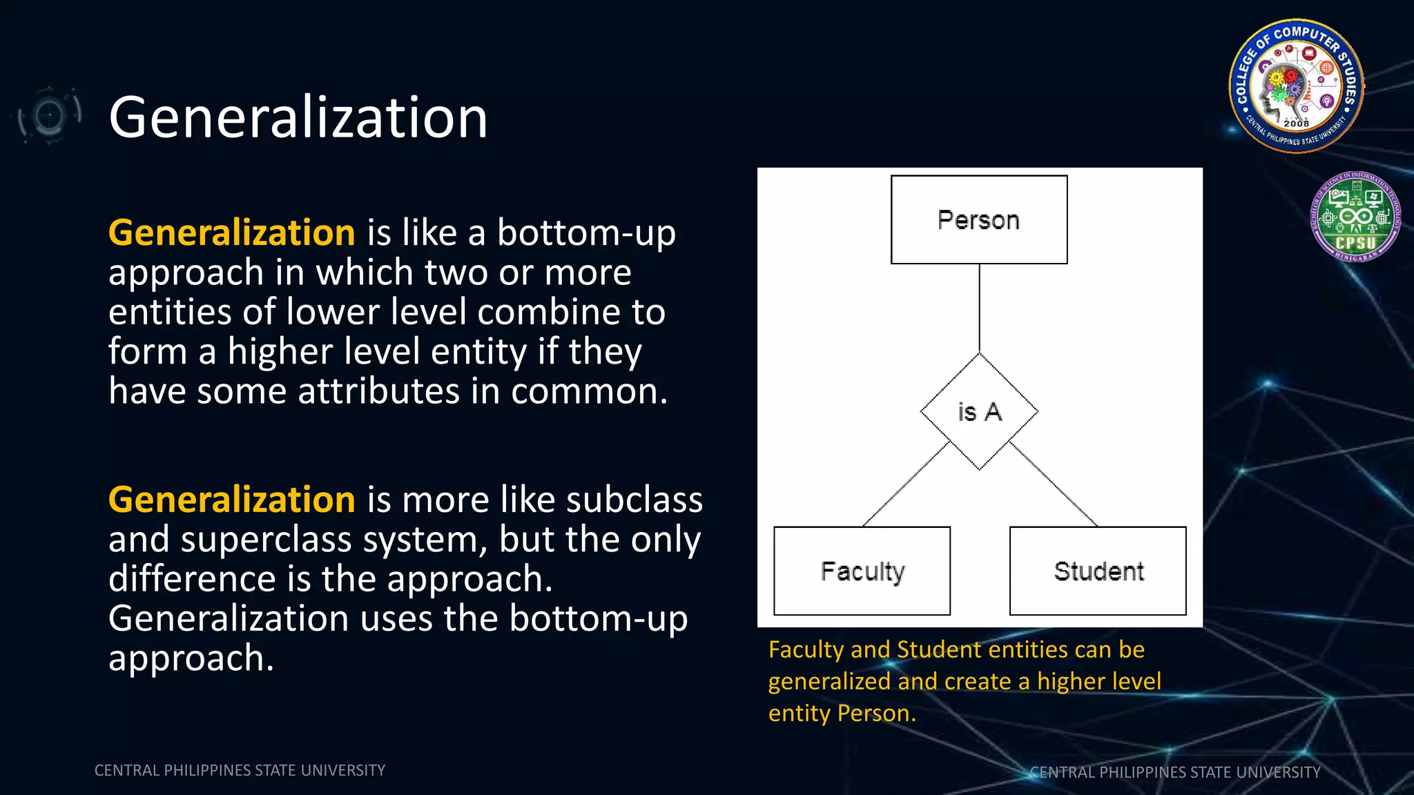 CENTRAL PHILIPPINES STATE UNIVERSITY CENTRAL PHILIPPINES STATE UNIVERSITY
Generalization
Generalization is like a bottom-up
approach in which two or more
entities of lower level combine to
form a higher level entity if they
have some attributes in common.
Generalization is more like subclass
and superclass system, but the only
difference is the approach.
Generalization uses the bottom-up
approach. Faculty and Student entities can be
generalized and create a higher level
entity Person.
 