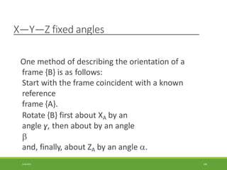 X—Y—Z fixed angles
3/28/2021 106
One method of describing the orientation of a
frame {B} is as follows:
Start with the frame coincident with a known
reference
frame {A}.
Rotate {B} first about XA by an
angle ɣ, then about by an angle

and, finally, about ZA by an angle .
 