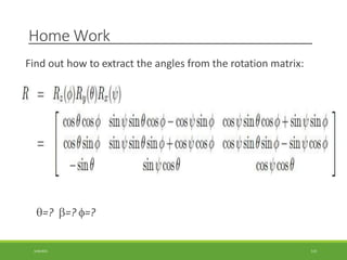 Home Work
Find out how to extract the angles from the rotation matrix:
=? =? =?
3/28/2021 113
 