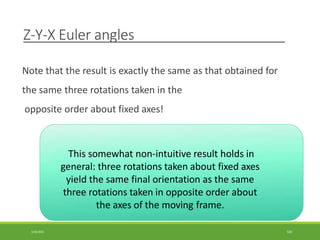 Z-Y-X Euler angles
Note that the result is exactly the same as that obtained for
the same three rotations taken in the
opposite order about fixed axes!
This somewhat non-intuitive result holds in
general: three rotations taken about fixed axes
yield the same final orientation as the same
three rotations taken in opposite order about
the axes of the moving frame.
3/28/2021 120
 