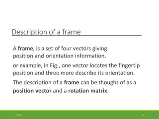 Description of a frame
3/28/2021 34
A frame, is a set of four vectors giving
position and orientation information.
or example, in Fig., one vector locates the fingertip
position and three more describe its orientation.
The description of a frame can be thought of as a
position vector and a rotation matrix.
 