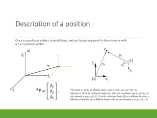 Description of a position
Once a coordinate system is established, we can locate any point in the universe with
a 3 x 1 position vector.
3/28/20
21
4
 