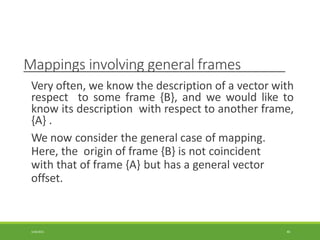 Mappings involving general frames
3/28/2021 46
Very often, we know the description of a vector with
respect to some frame {B}, and we would like to
know its description with respect to another frame,
{A} .
We now consider the general case of mapping.
Here, the origin of frame {B} is not coincident
with that of frame {A} but has a general vector
offset.
 
