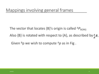Mappings involving general frames
The vector that locates {B}'s origin is called APBORG
Also {B} is rotated with respect to {A}, as described by
Given Bp we wish to compute Ap as in Fig .
3/28/2021 47
 