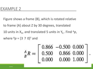 EXAMPLE 2
Figure shows a frame {B}, which is rotated relative
to frame {A} about Z by 30 degrees, translated
10 units in XA, and translated 5 units in YA . Find Ap,
where Bp = [3 7 0]T and
3/28/2021 51
 