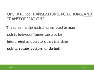 OPERATORS: TRANSLATIONS, ROTATIONS, AND
TRANSFORMATIONS
3/28/2021 54
The same mathematical forms used to map
points between frames can also be
interpreted as operators that translate
points, rotate vectors, or do both.
 