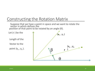 Constructing the Rotation Matrix
Suppose that we have a point in space and we want to rotate the
vector in which defines the
position of that point to be rotated by an angle ().
Let (r ) be the
Length of the
Vector to the
point (xo , yo ).


3/28/2021 64
(xo , yo
)
(x1 , y1 )
r
 