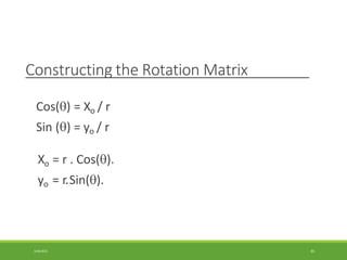 Constructing the Rotation Matrix
3/28/2021 65
Cos() = Xo / r
Sin () = yo / r
Xo = r . Cos().
yo = r.Sin().
 