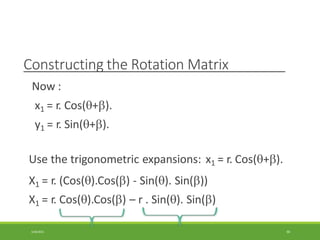 Constructing the Rotation Matrix
Now :
x1 = r. Cos(+).
y1 = r. Sin(+).
Use the trigonometric expansions: x1 = r. Cos(+).
X1 = r. (Cos().Cos() - Sin(). Sin())
X1 = r. Cos().Cos() – r . Sin(). Sin()
3/28/2021 66
 