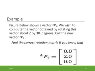 Example
Figure Below shows a vector AP1. We wish to
compute the vector obtained by rotating this
vector about Z by 30 degrees. Call the new
vector AP2 .
Find the correct rotation matrix if you know that
:
3/28/2021 70
 