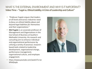 WHAT IS THE EXTERNAL ENVIRONMENT AND WHY IS IT IMPORTANT?
VideoTime–“Legalvs.EthicalLiability:ACrisisofLeadershipandCulture”
 “Professor Fugate argues that leaders
at all levels and across industries need
to focus on ethical liability above and
beyond legal liabilities for themselves
and their organizations.”
 Mel Fugate is an associate professor of
Management and Organizations in the
Cox School of Business at Southern
Methodist University. His research and
consulting aim to enhance individual
and organizational performance by
utilizing a variety of practical, research-
based tools related to leadership
development, organizational change,
performance management,
organizational culture, and employee
engagement.
 https://www.youtube.com/watch?v=ve
XPk4Zeqtk
 