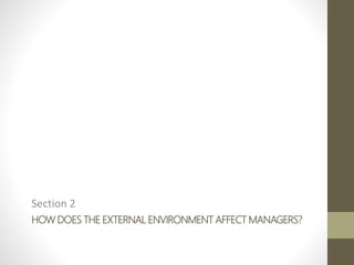 HOW DOES THE EXTERNAL ENVIRONMENT AFFECT MANAGERS?
Section 2
 
