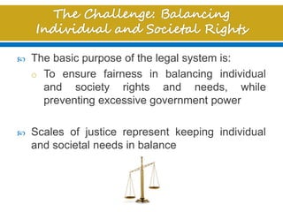  The basic purpose of the legal system is:
o To ensure fairness in balancing individual
and society rights and needs, while
preventing excessive government power
 Scales of justice represent keeping individual
and societal needs in balance
 