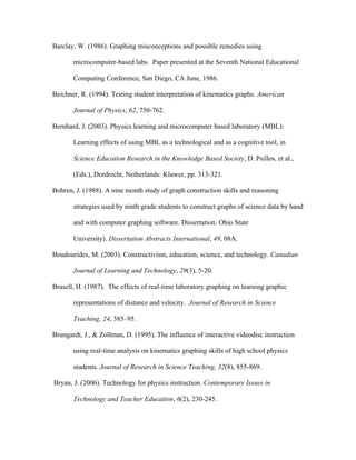 Barclay, W. (1986). Graphing misconceptions and possible remedies using

       microcomputer-based labs. Paper presented at the Seventh National Educational

       Computing Conference, San Diego, CA June, 1986.

Beichner, R. (1994). Testing student interpretation of kinematics graphs. American

       Journal of Physics, 62, 750-762.

Bernhard, J. (2003). Physics learning and microcomputer based laboratory (MBL):

       Learning effects of using MBL as a technological and as a cognitive tool, in

       Science Education Research in the Knowledge Based Society, D. Psillos, et al.,

       (Eds.), Dordrecht, Netherlands: Kluwer, pp. 313-321.

Bohren, J. (1988). A nine month study of graph construction skills and reasoning

       strategies used by ninth grade students to construct graphs of science data by hand

       and with computer graphing software. Dissertation. Ohio State

       University). Dissertation Abstracts International, 49, 08A.

Boudourides, M. (2003). Constructivism, education, science, and technology. Canadian

       Journal of Learning and Technology, 29(3), 5-20.

Brasell, H. (1987). The effects of real-time laboratory graphing on learning graphic

       representations of distance and velocity. Journal of Research in Science

       Teaching, 24, 385–95.

Brungardt, J., & Zollman, D. (1995). The influence of interactive videodisc instruction

       using real-time analysis on kinematics graphing skills of high school physics

       students. Journal of Research in Science Teaching, 32(8), 855-869.

Bryan, J. (2006). Technology for physics instruction. Contemporary Issues in

       Technology and Teacher Education, 6(2), 230-245.
 