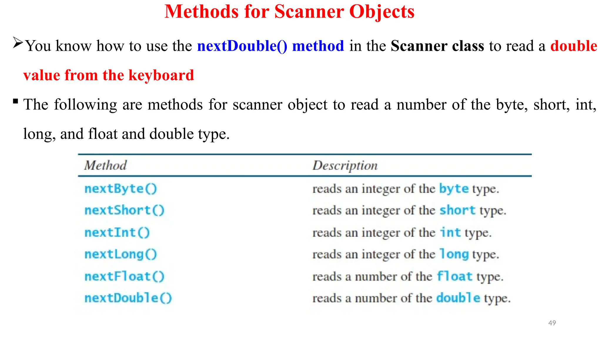49
Methods for Scanner Objects
You know how to use the nextDouble() method in the Scanner class to read a double
value from the keyboard
 The following are methods for scanner object to read a number of the byte, short, int,
long, and float and double type.
 