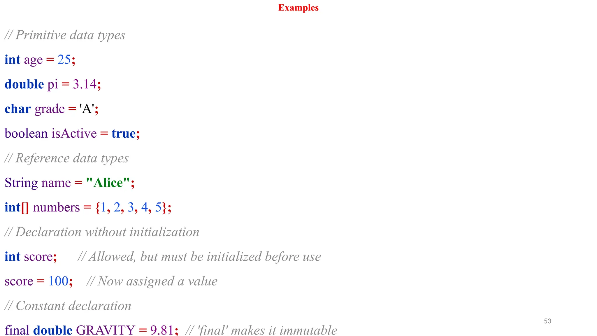 53
Examples
// Primitive data types
int age = 25;
double pi = 3.14;
char grade = 'A';
boolean isActive = true;
// Reference data types
String name = "Alice";
int[] numbers = {1, 2, 3, 4, 5};
// Declaration without initialization
int score; // Allowed, but must be initialized before use
score = 100; // Now assigned a value
// Constant declaration
final double GRAVITY = 9.81; // 'final' makes it immutable
 