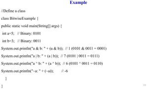 110
Example
//Define a class
class BitwiseExample {
public static void main(String[] args) {
int a=5; // Binary: 0101
int b=3; // Binary: 0011
System.out.println("a & b: " + (a & b)); // 1 (0101 & 0011 = 0001)
System.out.println("a | b: " + (a | b)); // 7 (0101 | 0011 = 0111)
System.out.println("a ^ b: " + (a ^ b)); // 6 (0101 ^ 0011 = 0110)
System.out.println("~a: " + (~a)); // -6
}
}
 