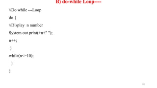165
B) do-while Loop----
//Do while ---Loop
do {
//Display n number
System.out.print(+n+" ");
n++;
}
while(n<=10);
}
}
 